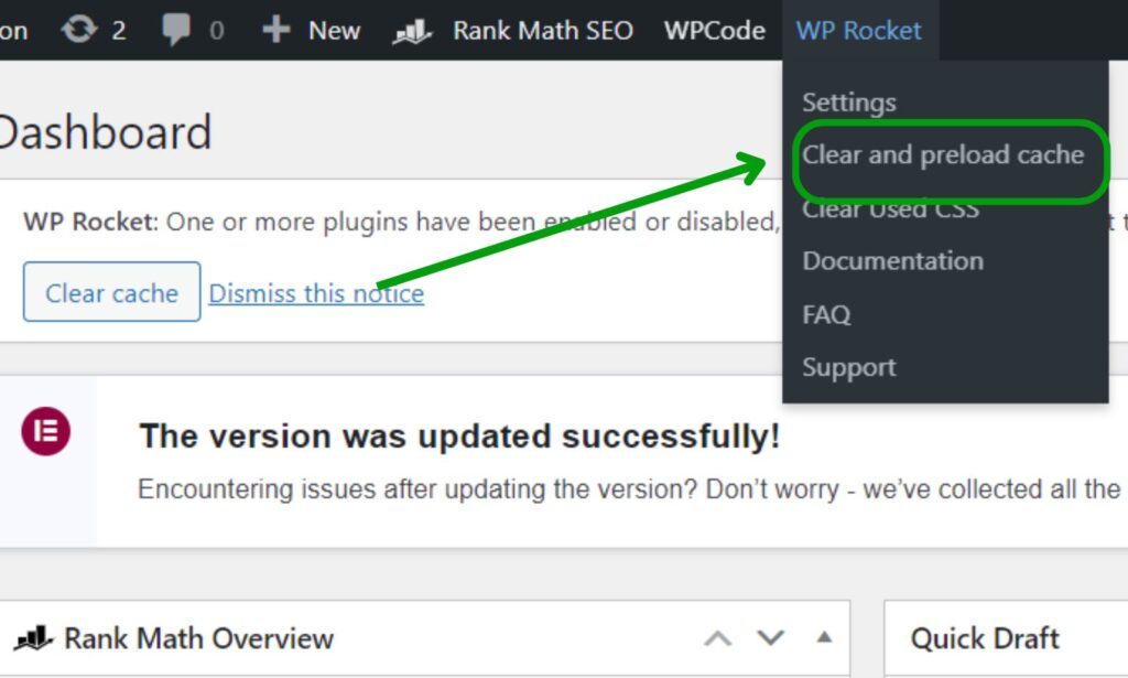 WP Rocket Clear Cache and Preload Option
