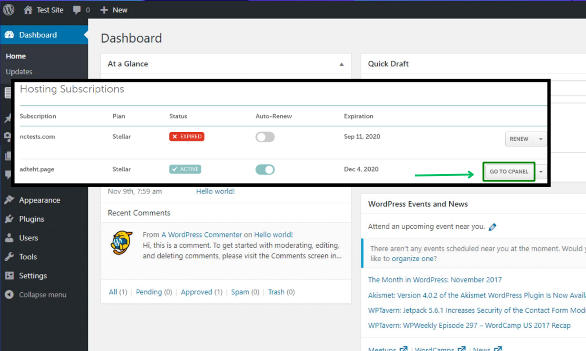 hosting dashboard and find the cPanel 